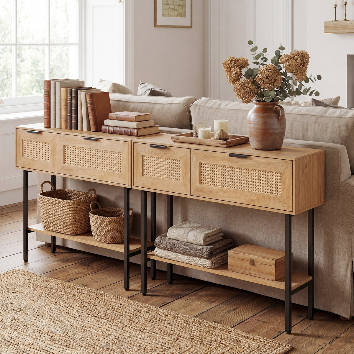 Rattan Console Table with 2 Storage Cabinets Shelf Carbon Steel Frame-Natural view 7