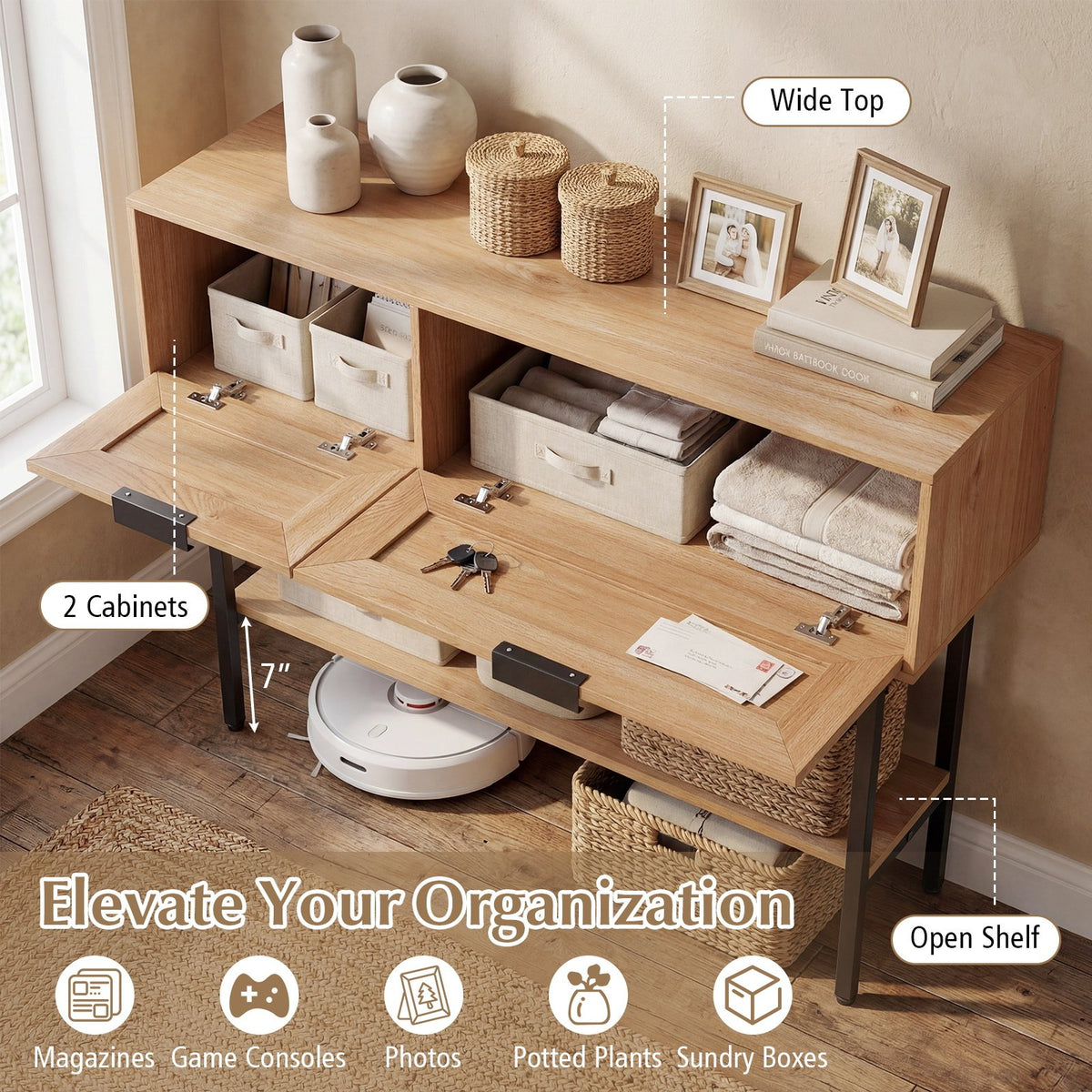 Rattan Console Table with 2 Storage Cabinets Shelf Carbon Steel Frame-Natural view 8