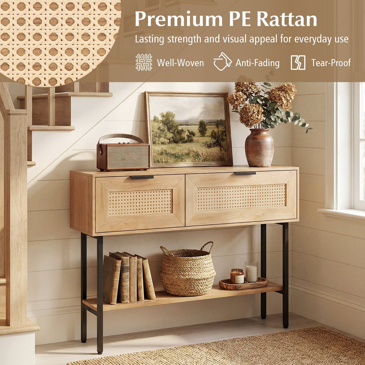 Rattan Console Table with 2 Storage Cabinets Shelf Carbon Steel Frame-Natural view 9