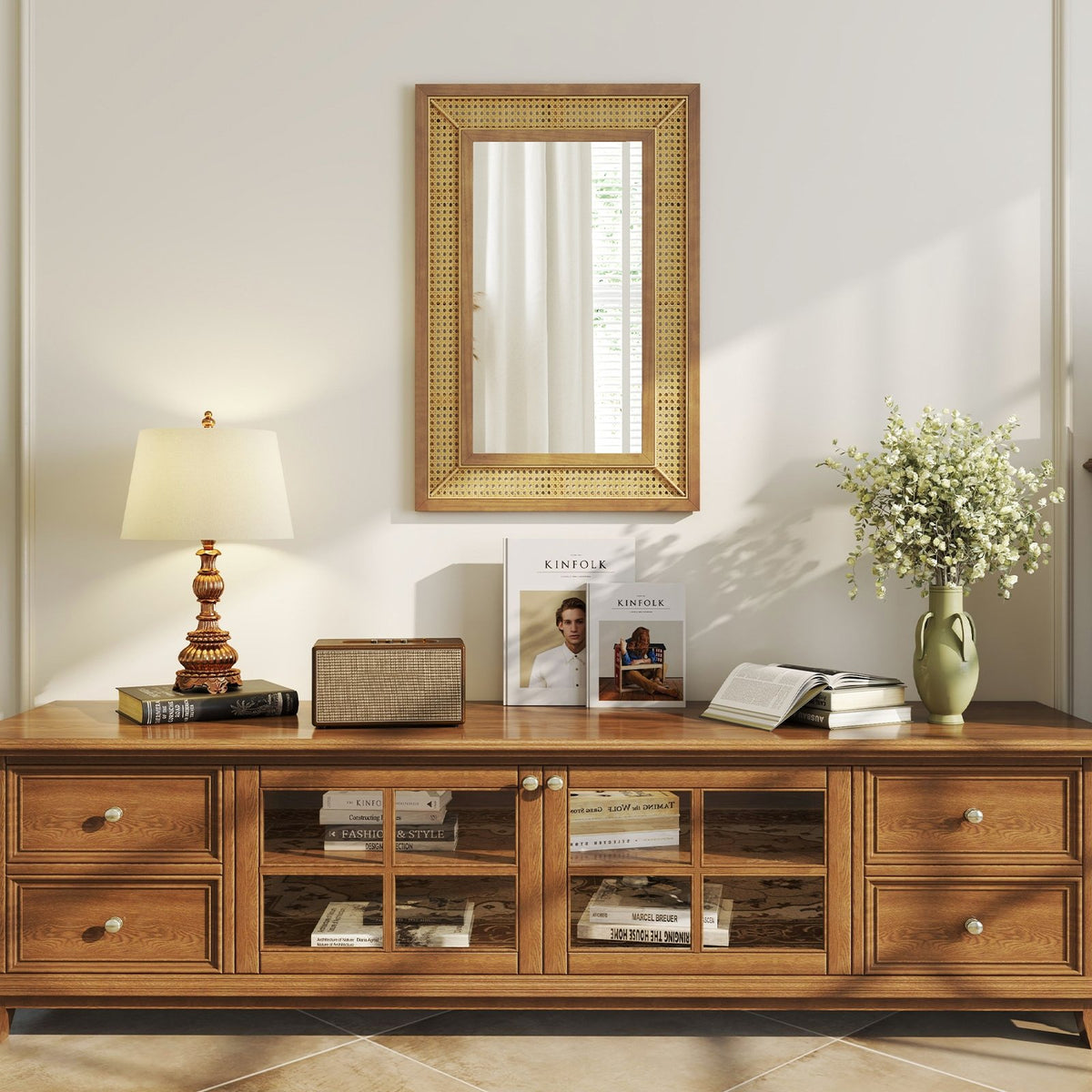 Rattan Decorative Wall Mirror with Wooden Frame for Bathroom and Living Room-Natural view 3