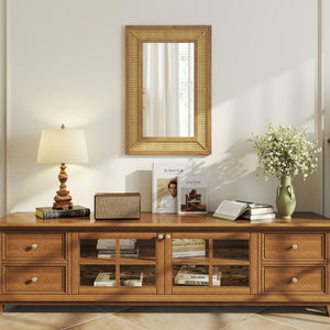 Rattan Decorative Wall Mirror with Wooden Frame for Bathroom and Living Room-Natural view 3