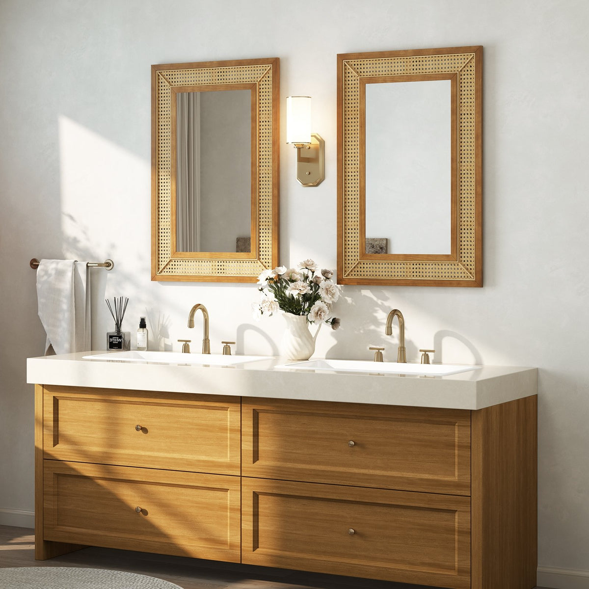 Rattan Decorative Wall Mirror with Wooden Frame for Bathroom and Living Room-Natural view 5