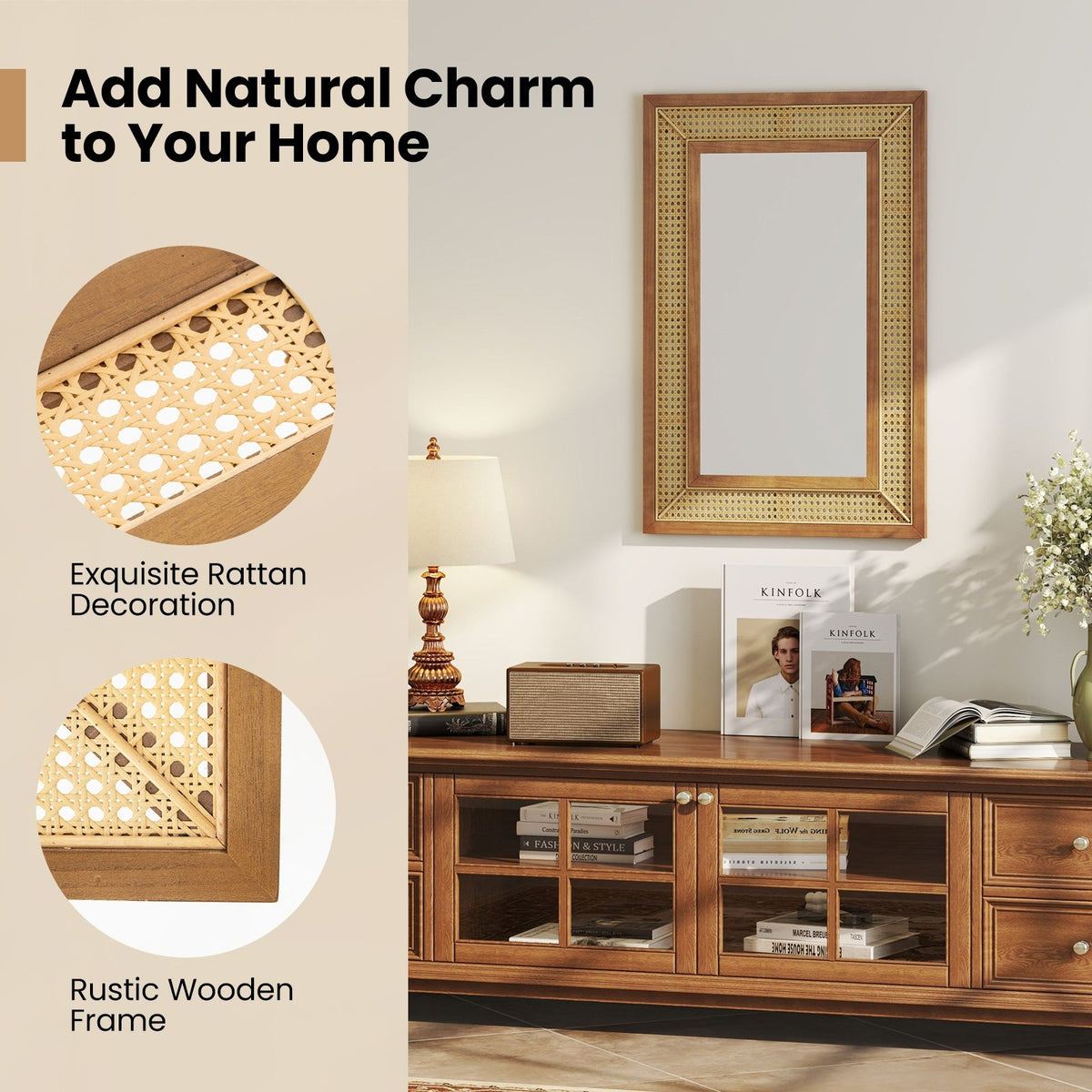 Rattan Decorative Wall Mirror with Wooden Frame for Bathroom and Living Room-Natural view 7
