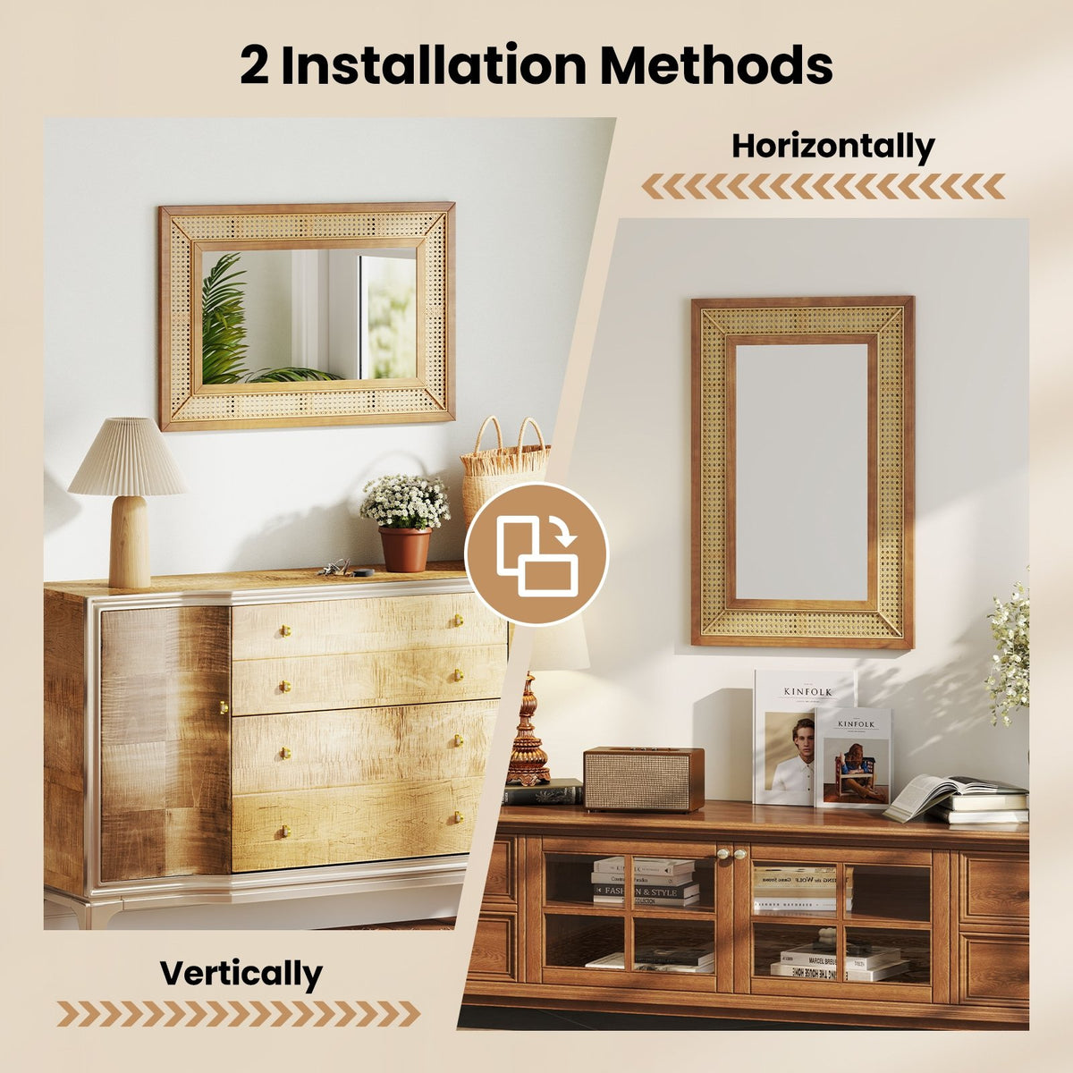 Rattan Decorative Wall Mirror with Wooden Frame for Bathroom and Living Room-Natural view 9