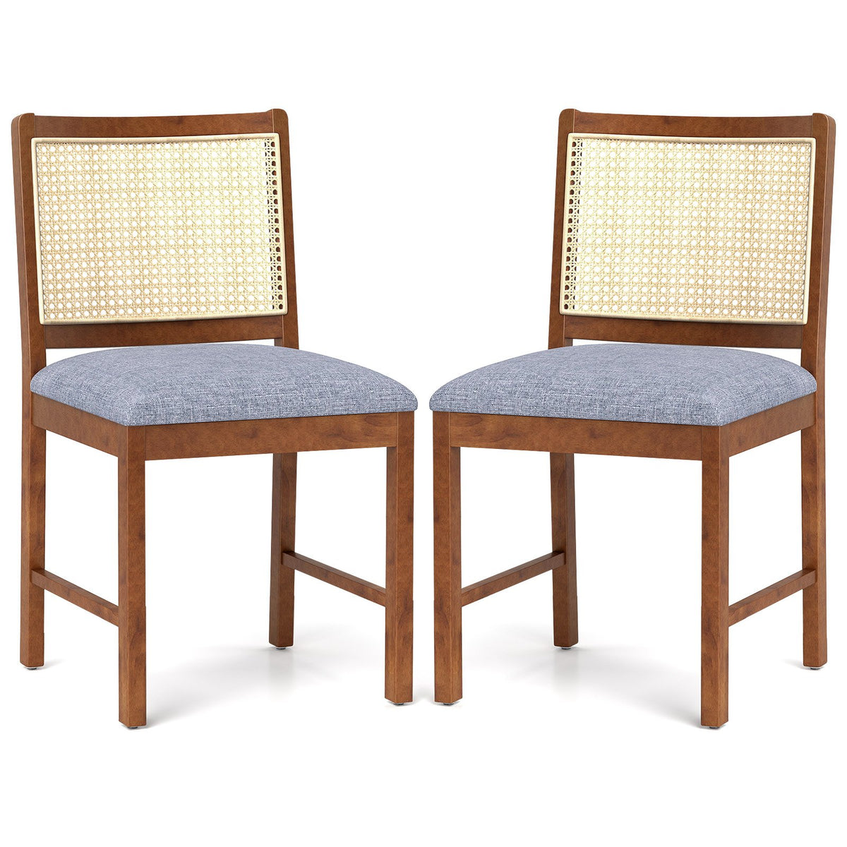 Rattan Dining Chair Set of 2 with Rubber Wood Frame and Linen Fabric Padded Seat-Walnut