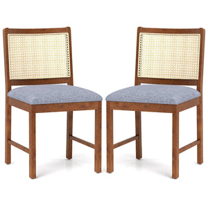 Rattan Dining Chair Set of 2 with Rubber Wood Frame and Linen Fabric Padded Seat-Walnut