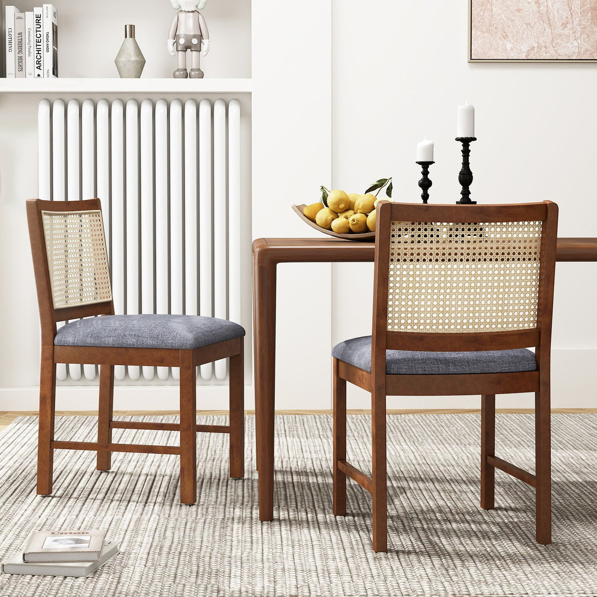 Rattan Dining Chair Set of 2 with Rubber Wood Frame and Linen Fabric Padded Seat-Walnut view 2
