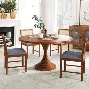 Rattan Dining Chair Set of 2 with Rubber Wood Frame and Linen Fabric Padded Seat-Walnut view 3