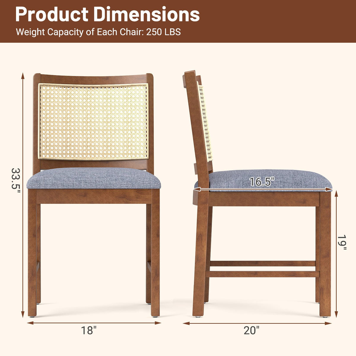 Rattan Dining Chair Set of 2 with Rubber Wood Frame and Linen Fabric Padded Seat-Walnut view 4