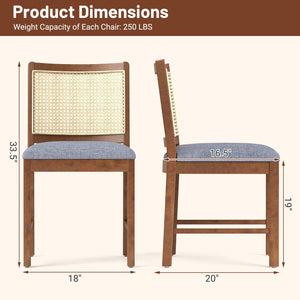 Rattan Dining Chair Set of 2 with Rubber Wood Frame and Linen Fabric Padded Seat-Walnut view 4