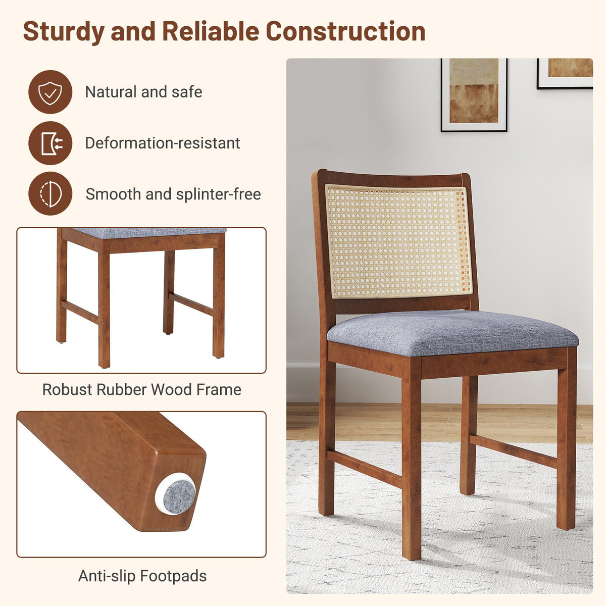 Rattan Dining Chair Set of 2 with Rubber Wood Frame and Linen Fabric Padded Seat-Walnut view 5