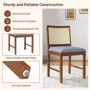 Rattan Dining Chair Set of 2 with Rubber Wood Frame and Linen Fabric Padded Seat-Walnut view 5