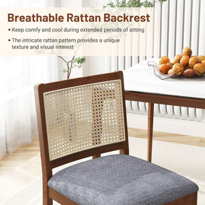 Rattan Dining Chair Set of 2 with Rubber Wood Frame and Linen Fabric Padded Seat-Walnut view 6