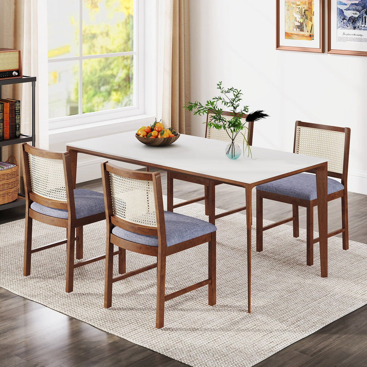 Rattan Dining Chair Set of 2 with Rubber Wood Frame and Linen Fabric Padded Seat-Walnut view 8