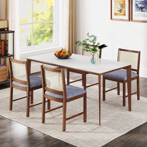Rattan Dining Chair Set of 2 with Rubber Wood Frame and Linen Fabric Padded Seat-Walnut view 8