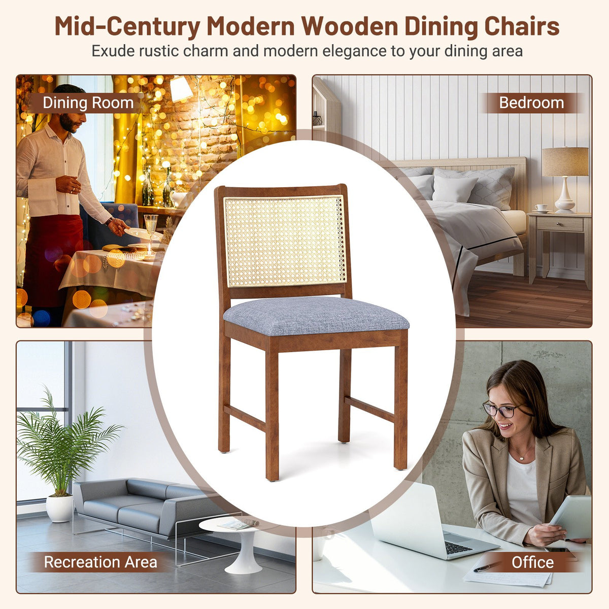 Rattan Dining Chair Set of 2 with Rubber Wood Frame and Linen Fabric Padded Seat-Walnut view 9