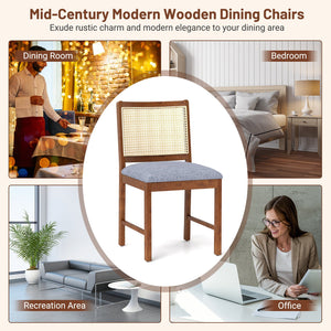 Rattan Dining Chair Set of 2 with Rubber Wood Frame and Linen Fabric Padded Seat-Walnut view 9