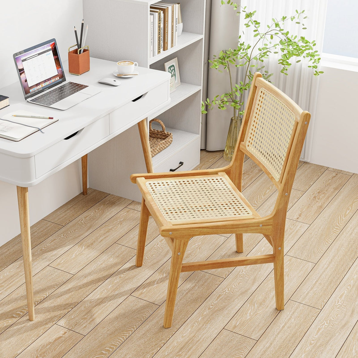 Rattan Dining Chair with Natural Cane Woven Backrest and Teak Wood Frame view 2