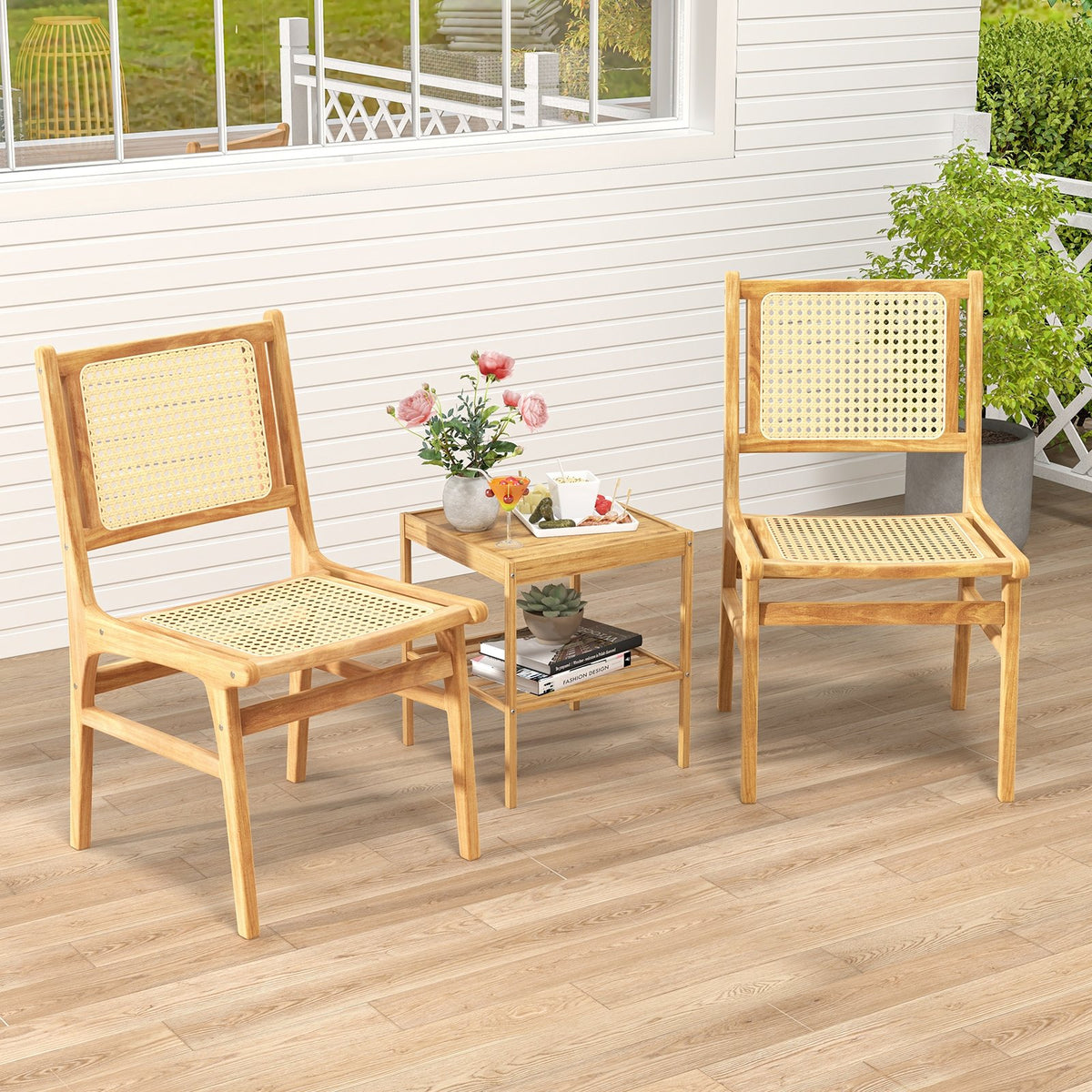 Rattan Dining Chair with Natural Cane Woven Backrest and Teak Wood Frame view 3
