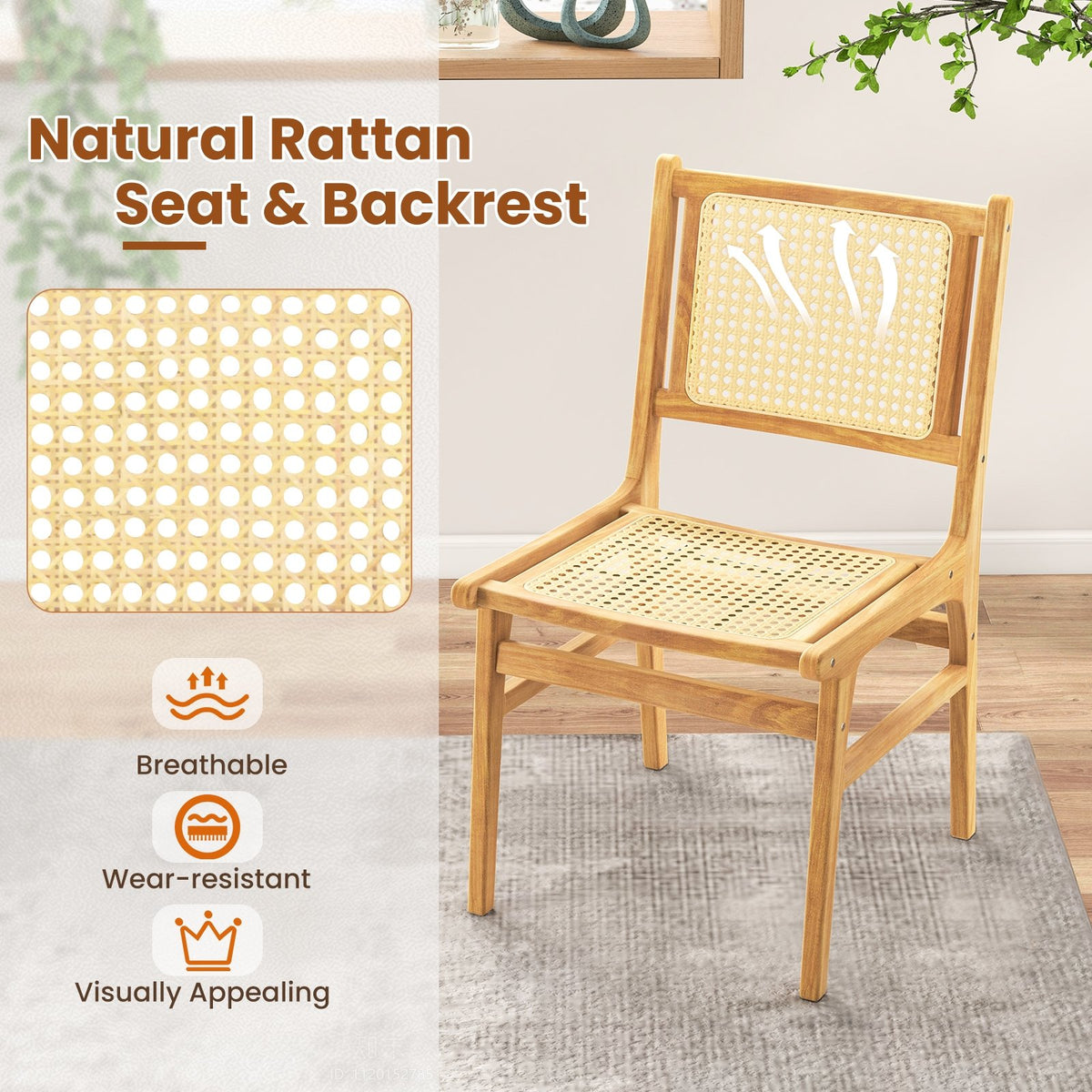 Rattan Dining Chair with Natural Cane Woven Backrest and Teak Wood Frame view 7