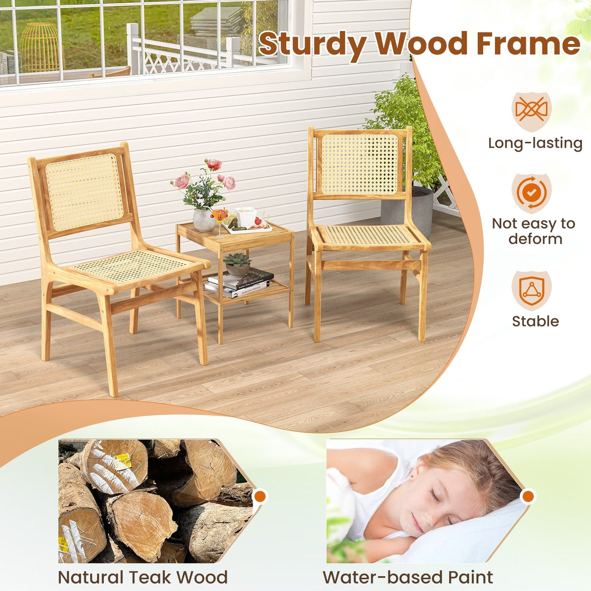 Rattan Dining Chair with Natural Cane Woven Backrest and Teak Wood Frame view 8