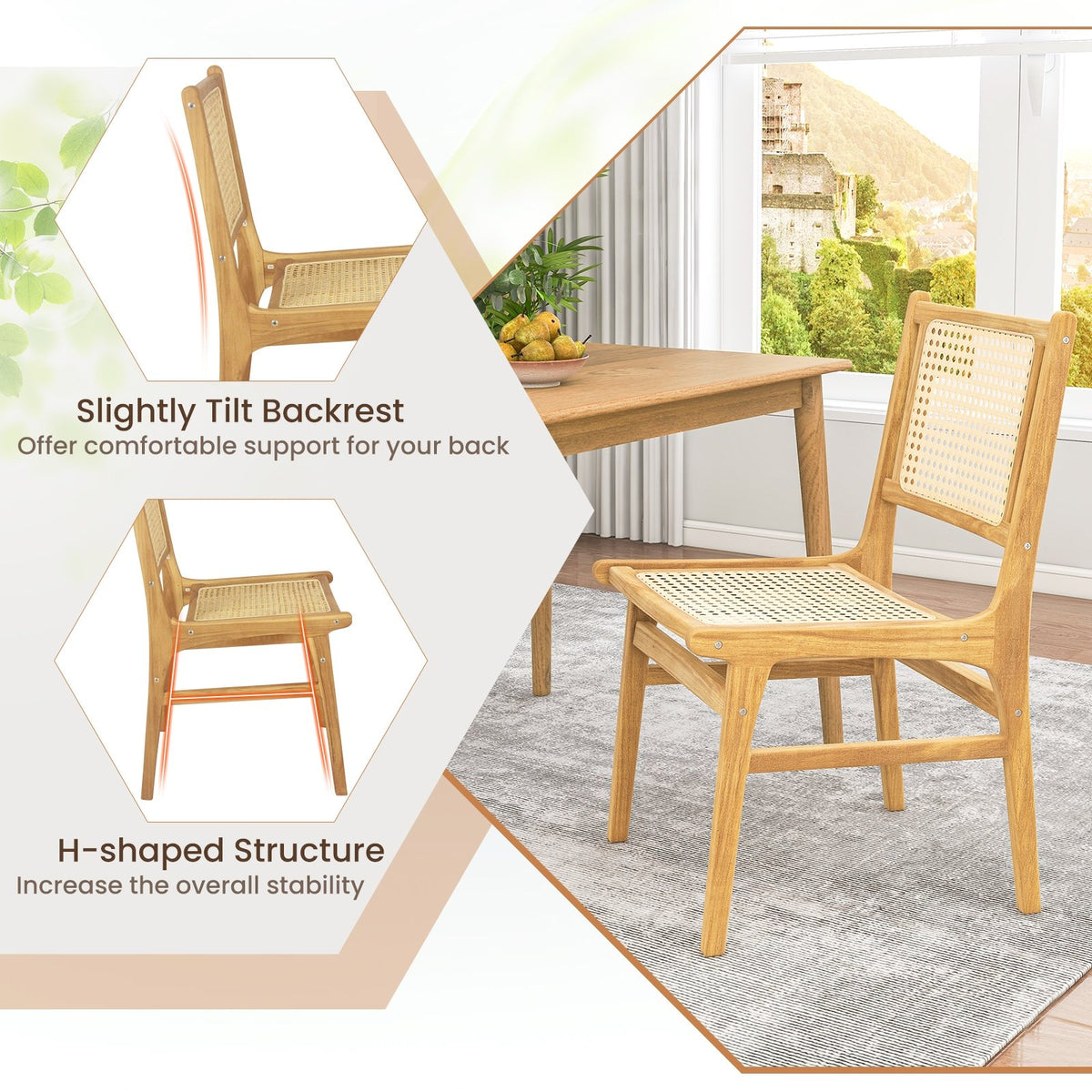 Rattan Dining Chair with Natural Cane Woven Backrest and Teak Wood Frame view 9
