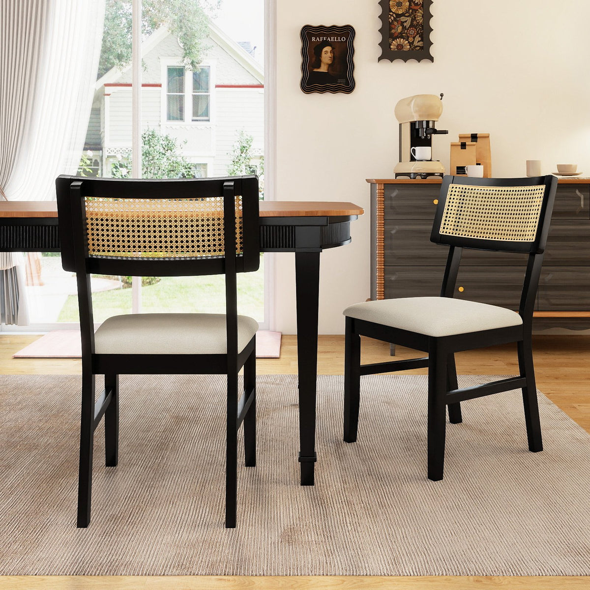 Rattan Dining Chairs Set of 2 Fabric Upholstered Kitchen Chairs with Padded Seat and Rubber Wood Legs-Black view 2