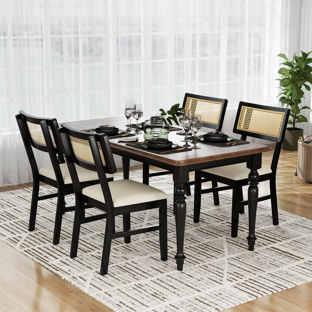 Rattan Dining Chairs Set of 2 Fabric Upholstered Kitchen Chairs with Padded Seat and Rubber Wood Legs-Black view 3