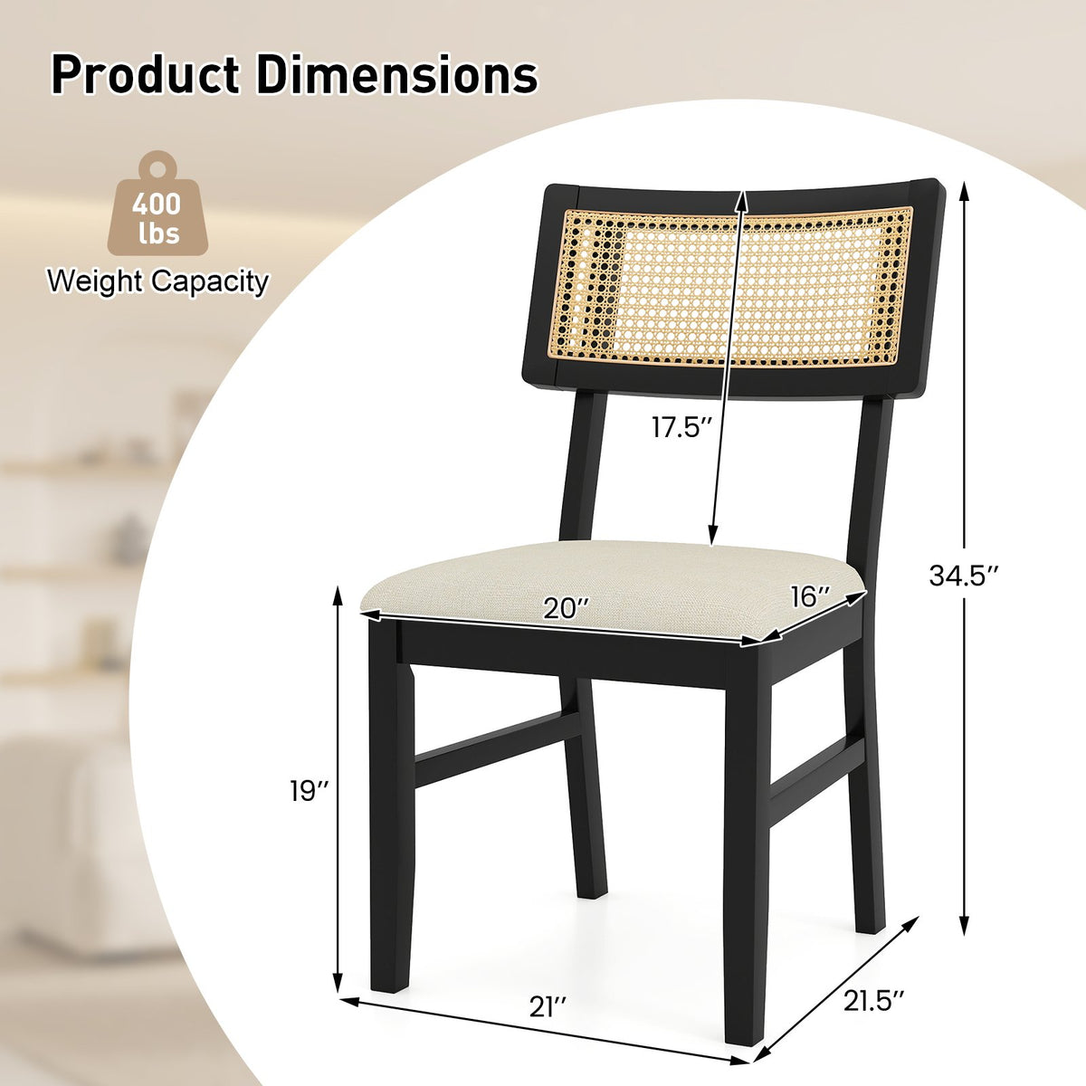 Rattan Dining Chairs Set of 2 Fabric Upholstered Kitchen Chairs with Padded Seat and Rubber Wood Legs-Black view 4
