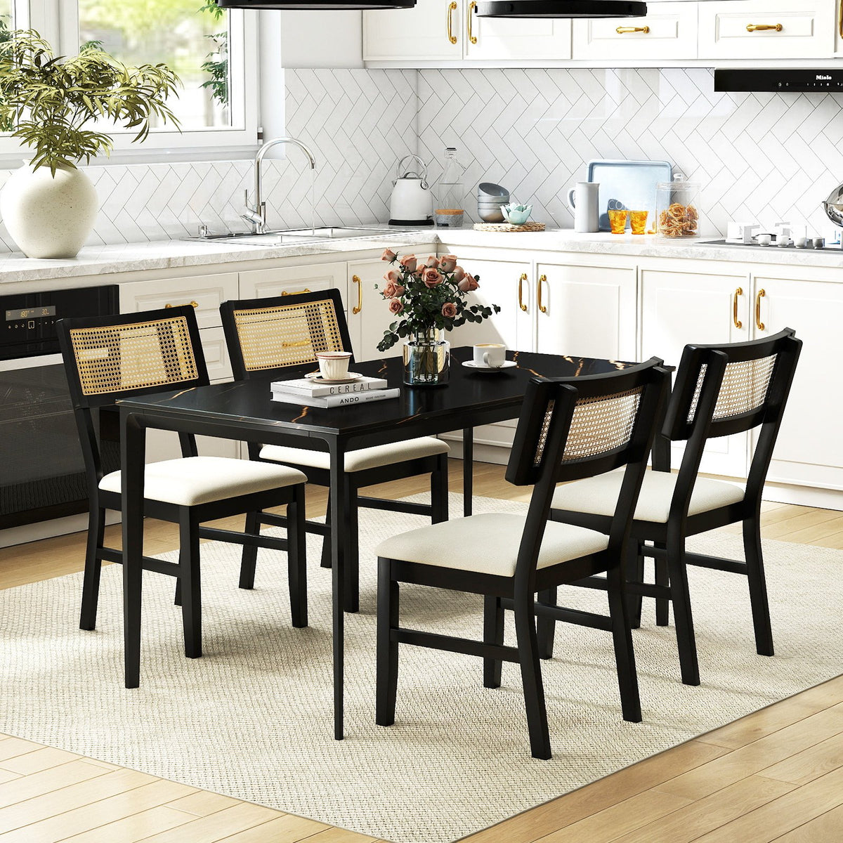 Rattan Dining Chairs Set of 2 Fabric Upholstered Kitchen Chairs with Padded Seat and Rubber Wood Legs-Black view 5