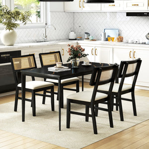Rattan Dining Chairs Set of 2 Fabric Upholstered Kitchen Chairs with Padded Seat and Rubber Wood Legs-Black view 5