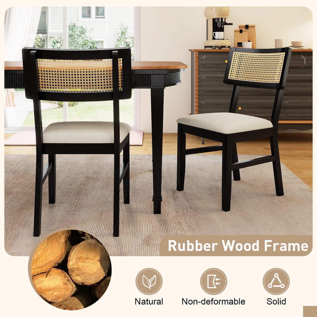 Rattan Dining Chairs Set of 2 Fabric Upholstered Kitchen Chairs with Padded Seat and Rubber Wood Legs-Black view 6