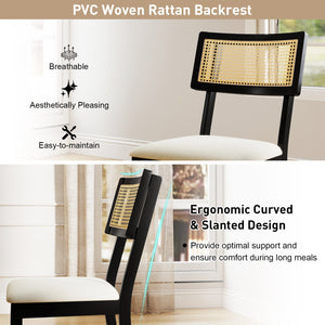 Rattan Dining Chairs Set of 2 Fabric Upholstered Kitchen Chairs with Padded Seat and Rubber Wood Legs-Black view 7