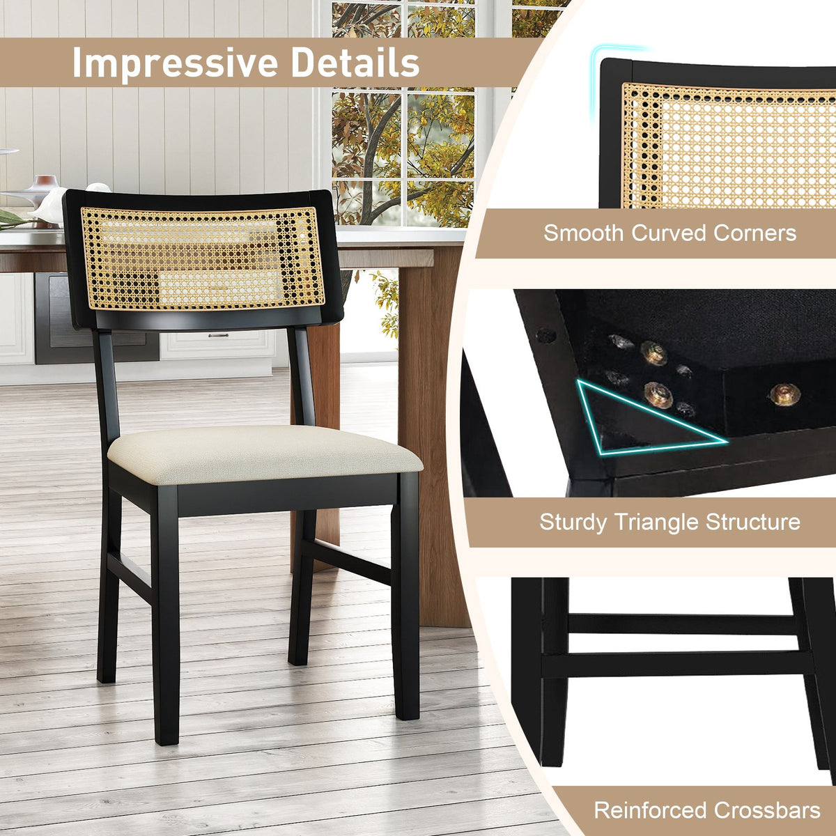 Rattan Dining Chairs Set of 2 Fabric Upholstered Kitchen Chairs with Padded Seat and Rubber Wood Legs-Black view 9