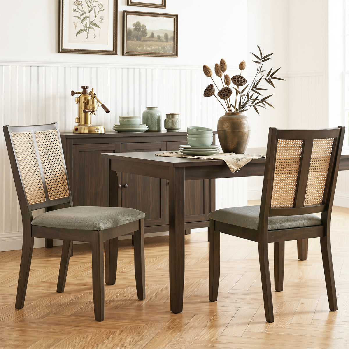 Rattan Dining Chairs Set of 2 with Curved Backrest & Padded Seat for Dining Room-Gray view 3