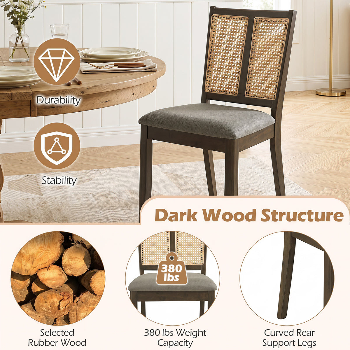 Rattan Dining Chairs Set of 2 with Curved Backrest & Padded Seat for Dining Room-Gray view 5