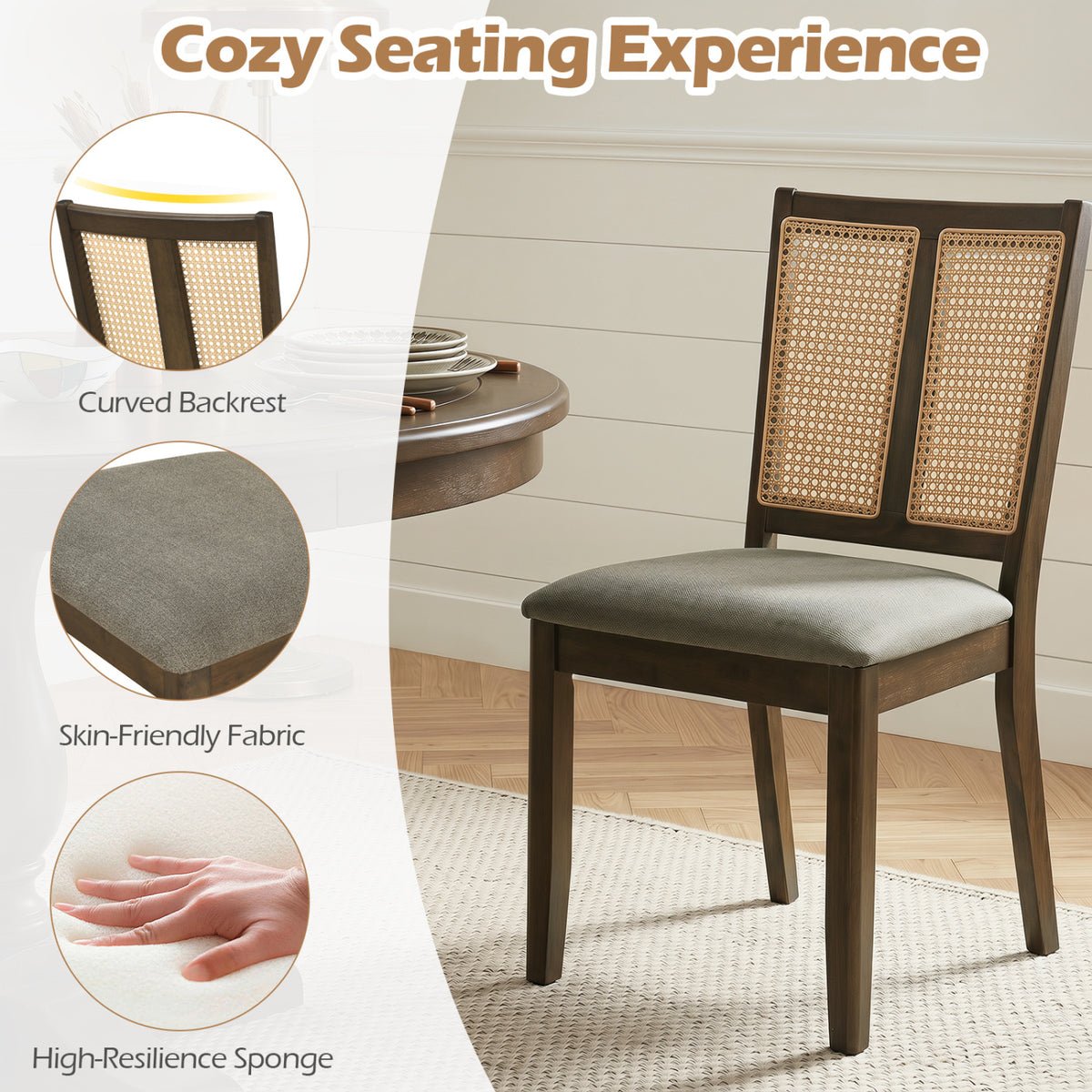 Rattan Dining Chairs Set of 2 with Curved Backrest & Padded Seat for Dining Room-Gray view 7