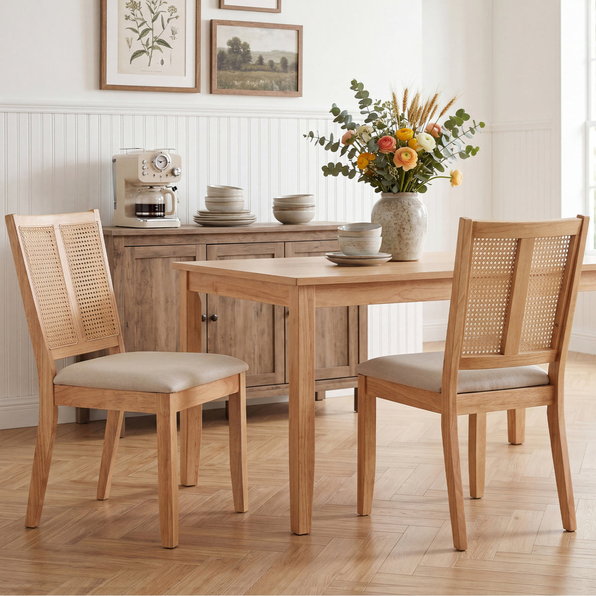 Rattan Dining Chairs Set of 2 with Curved Backrest & Padded Seat for Dining Room-Natural view 2