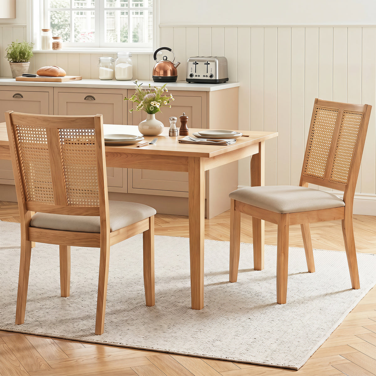 Rattan Dining Chairs Set of 2 with Curved Backrest & Padded Seat for Dining Room-Natural view 3