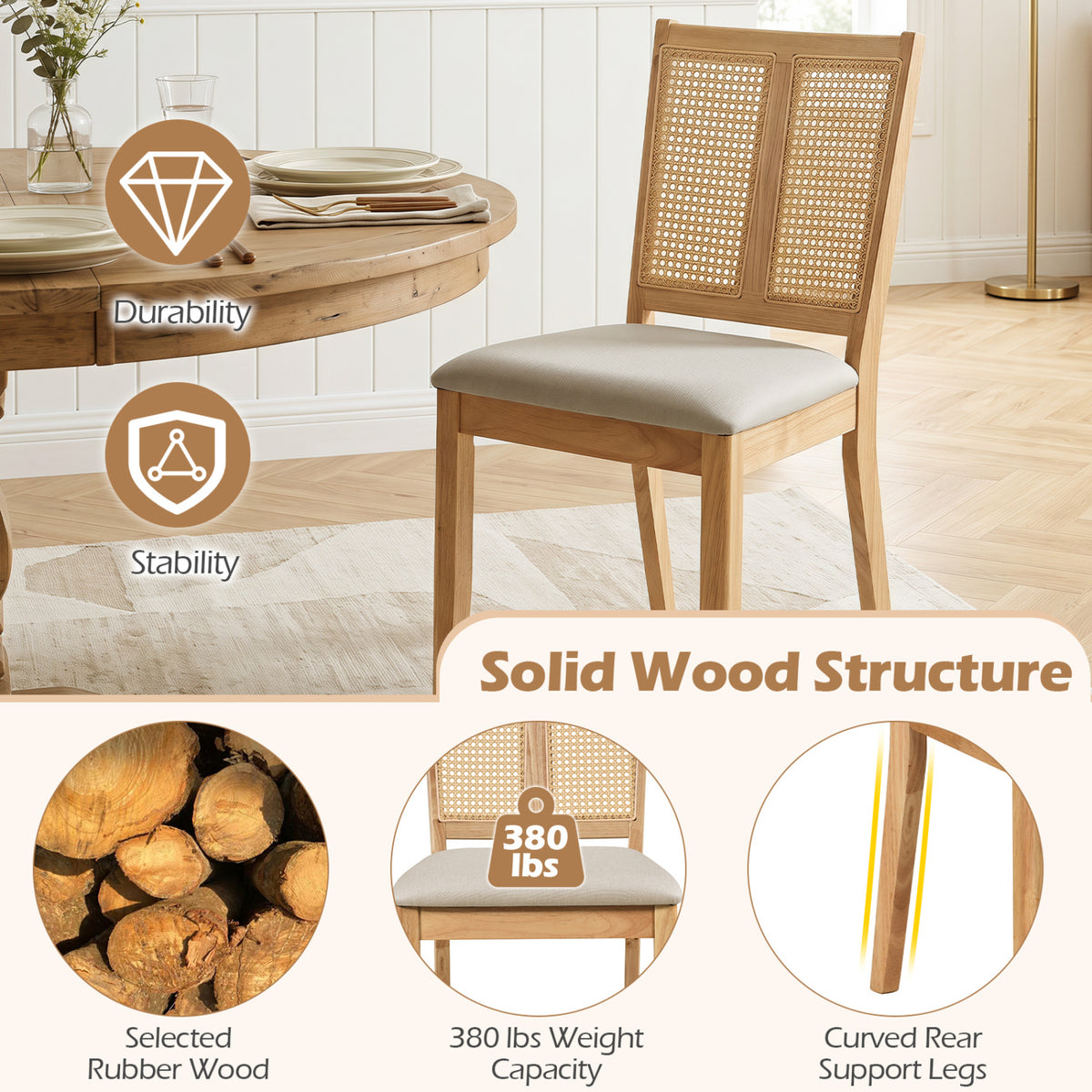 Rattan Dining Chairs Set of 2 with Curved Backrest & Padded Seat for Dining Room-Natural view 5