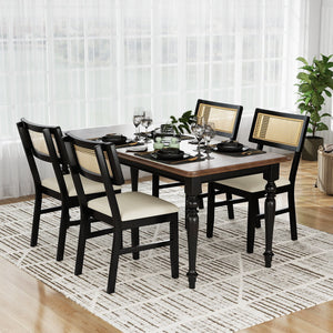 Rattan Dining Chairs Set of 4 Fabric Upholstered Kitchen Chairs with Padded Seat and Rubber Wood Legs-Black view 2