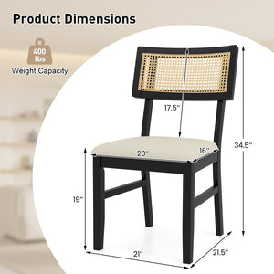 Rattan Dining Chairs Set of 4 Fabric Upholstered Kitchen Chairs with Padded Seat and Rubber Wood Legs-Black view 4