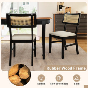 Rattan Dining Chairs Set of 4 Fabric Upholstered Kitchen Chairs with Padded Seat and Rubber Wood Legs-Black view 5