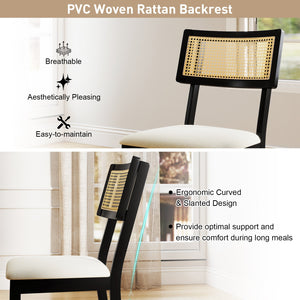 Rattan Dining Chairs Set of 4 Fabric Upholstered Kitchen Chairs with Padded Seat and Rubber Wood Legs-Black view 6