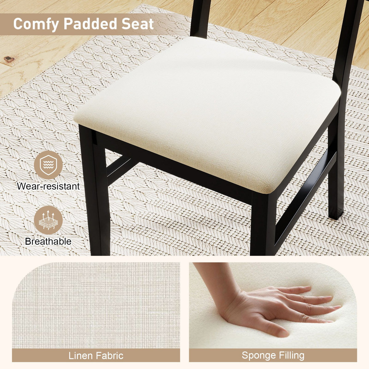 Rattan Dining Chairs Set of 4 Fabric Upholstered Kitchen Chairs with Padded Seat and Rubber Wood Legs-Black view 7