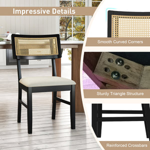 Rattan Dining Chairs Set of 4 Fabric Upholstered Kitchen Chairs with Padded Seat and Rubber Wood Legs-Black view 8