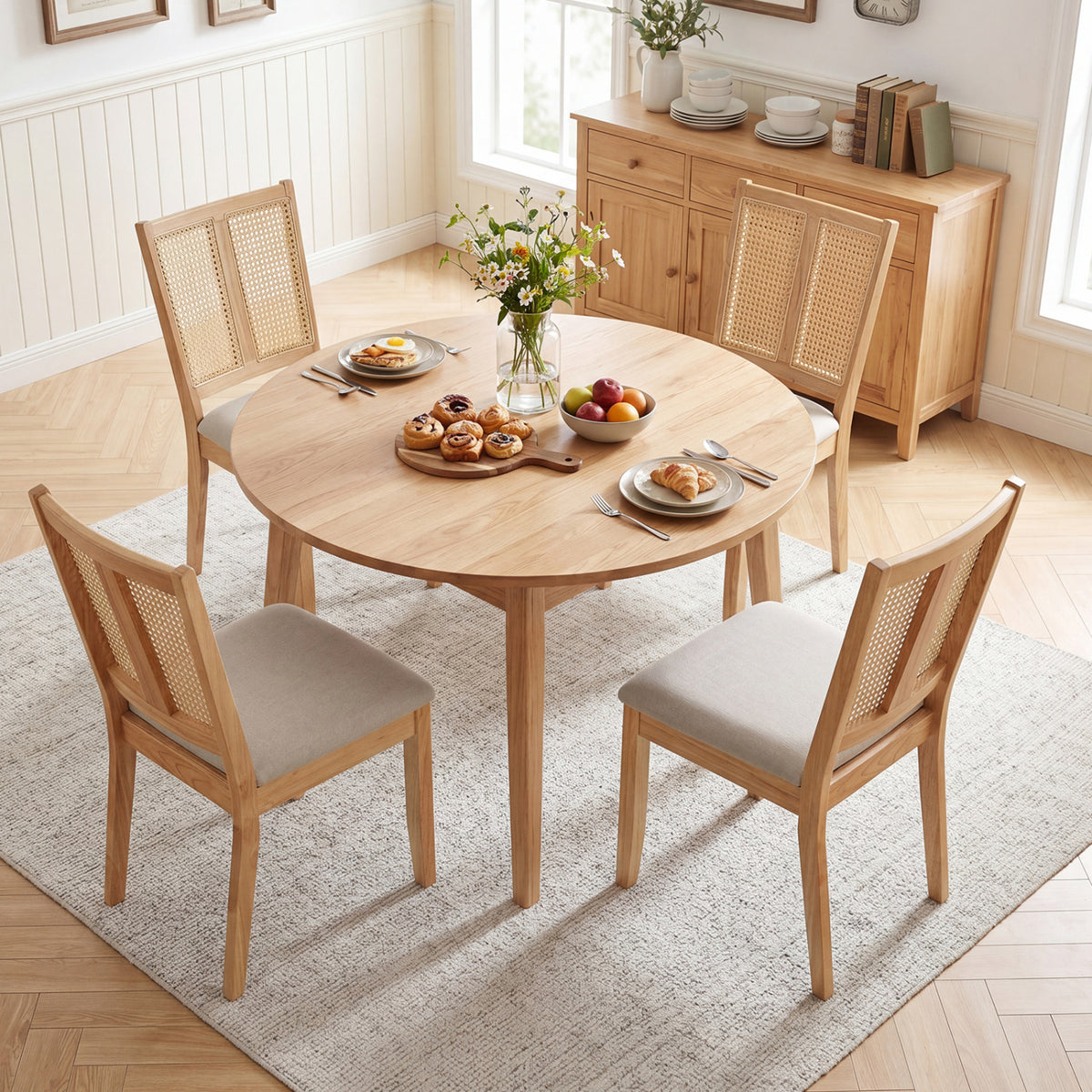 Rattan Dining Chairs Set of 4 with Curved Backrest & Padded Seat for Dining Room-Natural view 2