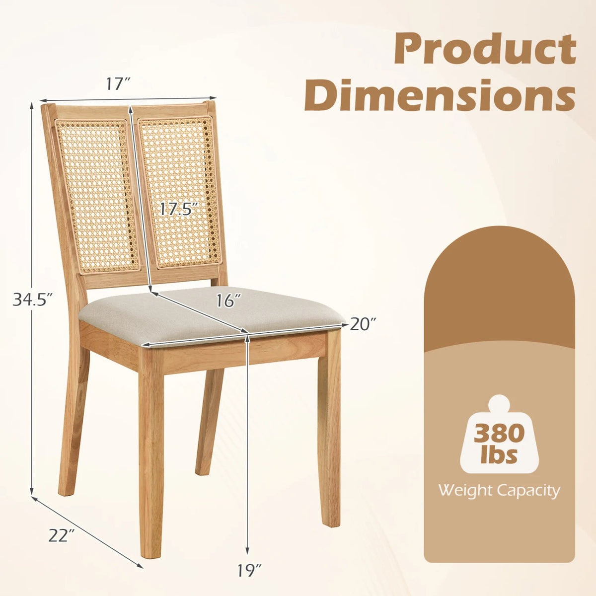 Rattan Dining Chairs Set of 4 with Curved Backrest & Padded Seat for Dining Room-Natural view 3