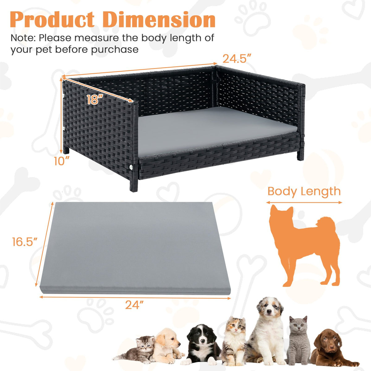 Rattan Dog Bed with Waterproof Soft Cushion for Medium Small Dogs Cats-Gray view 5