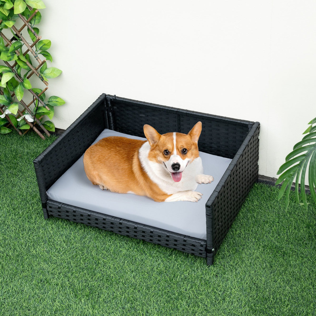 Rattan Dog Bed with Waterproof Soft Cushion for Medium Small Dogs Cats-Gray view 6